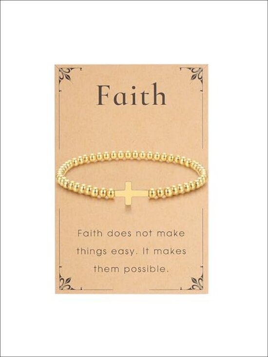 Jewelry - 14K Gold Plated Beaded Bracelet Cross Charm Stretch Elastic Handmade